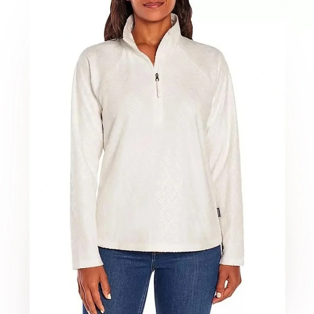 Eddie Bauer Women's Quarter Zip Polar Fleece Ivory Embossed. Size: Small - Picture 1 of 10